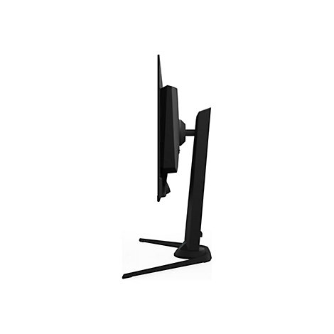 Vue latérale d'un moniteur noir avec support sur fond blanc.