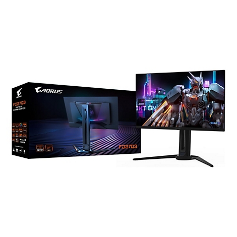 Ein Gaming Monitor mit der Verpackung daneben. Der Monitor zeigt ein Roboter-Art-Design, daneben steht die Verpackung mit technischen Daten und dem Namen F027Q3.