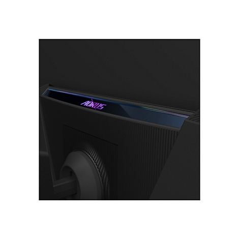 Nahaufnahme eines schwarzen Gaming-Monitors mit dem Wort "AORUS" in Leuchtbuchstaben.