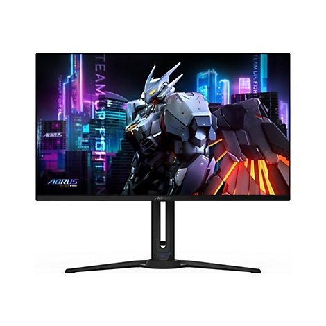 Aorus Gaming-Monitor vor weißem Hintergrund mit leuchtendem Mecha-Roboter auf dem Display.