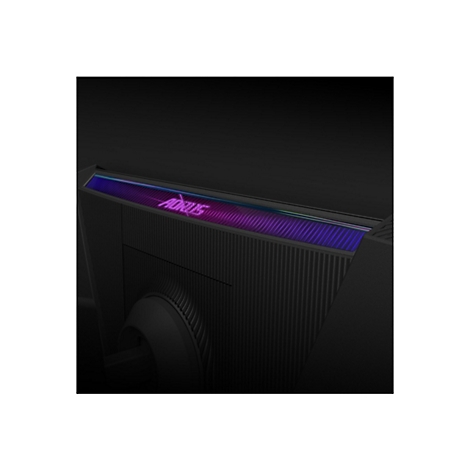 Nahaufnahme eines schwarzen Gaming-Monitors mit RGB-Beleuchtung und AORUS-Logo.