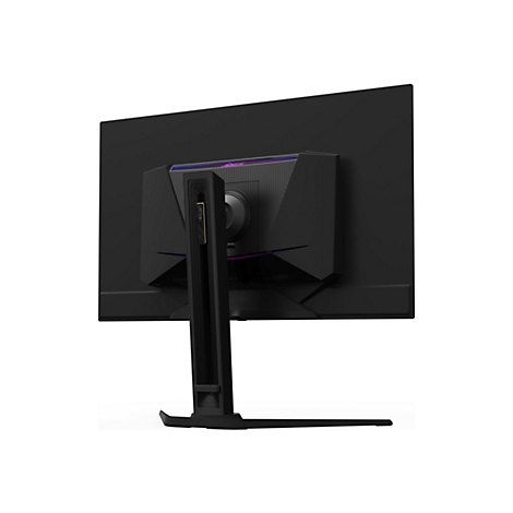 Rückansicht eines schwarzen Gaming-Monitors auf weißem Hintergrund. Der Monitor ist an einem Ständer befestigt. Auf dem Monitor ist der Schriftzug „AORUS“ zu sehen.