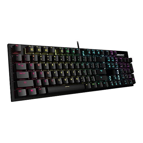 Schwarze mechanische Tastatur mit bunten Tasten. Die Marke AORUS ist sichtbar.