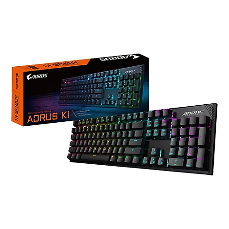 Schwarze mechanische Gaming-Tastatur von Aorus mit beleuchteten Tasten, zusammen mit der Verpackung.