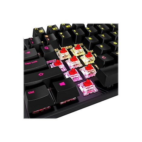 Nahaufnahme einer schwarzen mechanischen Tastatur. Rote Schalter sind zu sehen, einige Tasten sind entfernt.