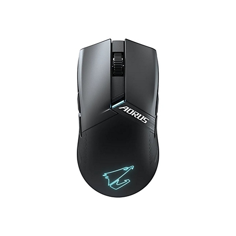 Schwarze Gaming-Maus mit AORUS-Logo und blauem Licht.