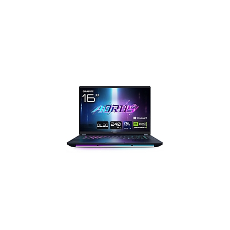 Schwarzes Gigabyte Aorus 16 Zoll Laptop, OLED, Windows 11. Die Tastatur hat eine RGB-Beleuchtung.
