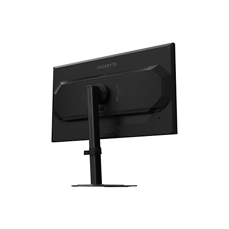 Schwarzer Monitor von hinten mit Standfuß, auf dem "GIGABYTE" steht.