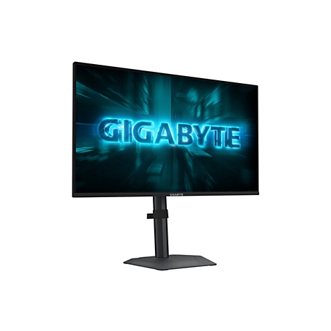 Ein schwarzer Monitor der Marke Gigabyte vor weißem Hintergrund. Auf dem Monitor leuchtet der Schriftzug Gigabyte blau.