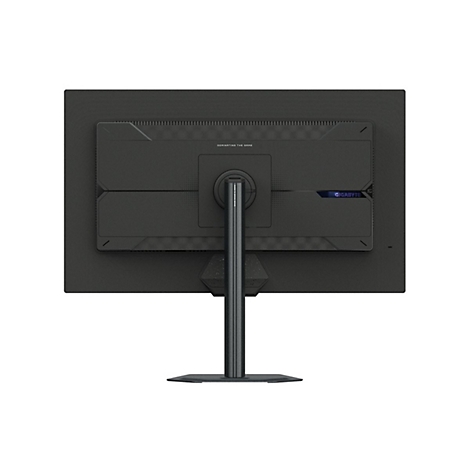Rückseite eines schwarzen Monitors mit Standfuß. Schriftzug "GIGABYTE".