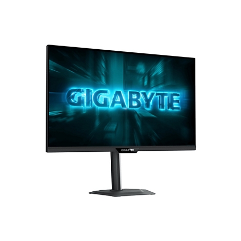Ein schwarzer Monitor mit der Aufschrift GIGABYTE, vor einem blauen Hintergrund. Der Monitor steht auf einem schwarzen Fuß.