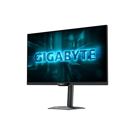 Ein schwarzer Monitor mit dem leuchtenden Schriftzug „GIGABYTE“ auf blauem Hintergrund. Der Monitor steht auf einem schwarzen Fuß.