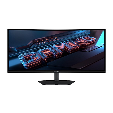 Gebogener Gaming-Monitor, Schriftzug GAMING, GIGABYTE Logo. Schwarzer Bildschirm, Standfuß.