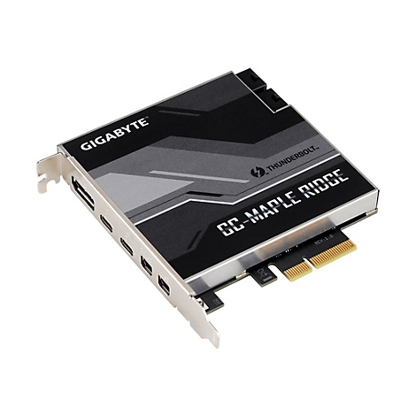 Gigabyte GC-MAPLE RIDGE Thunderbolt-Erweiterungskarte mit Anschlüssen auf silbernem Gehäuse.