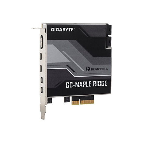 Gigabyte GC-Maple Ridge Thunderbolt-Erweiterungskarte mit Anschlüssen auf einer silbernen Blende.