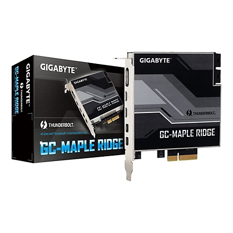 Gigabyte GC-Maple Ridge Thunderbolt 4 Erweiterungskarte mit dazugehöriger Verpackung.