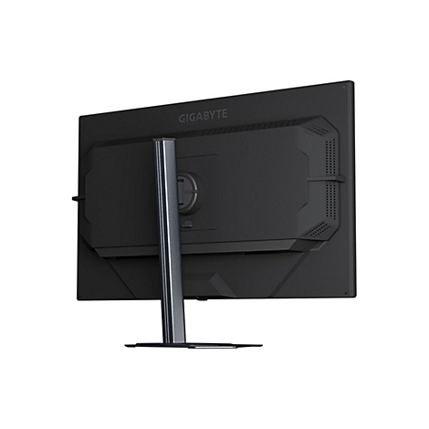 Die Rückseite eines schwarzen Gigabyte Monitors mit einem stabilen Standfuß vor weißem Hintergrund.