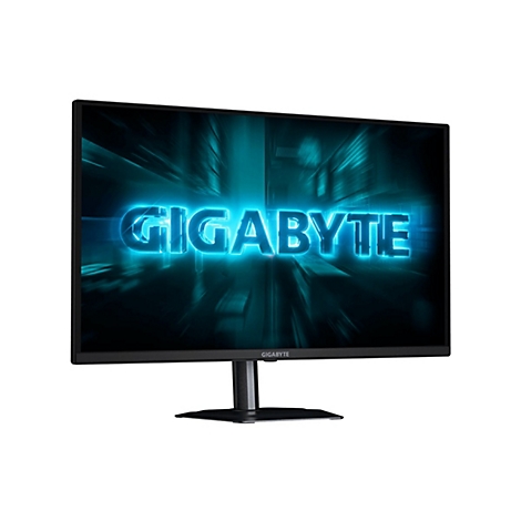 Schwarzer Gigabyte Gaming-Monitor mit blau leuchtendem Logo auf dem Bildschirm vor weißem Hintergrund.