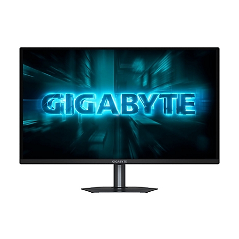 Gigabyte Gaming-Monitor mit blau leuchtendem Schriftzug auf dem Display vor weißem Hintergrund.