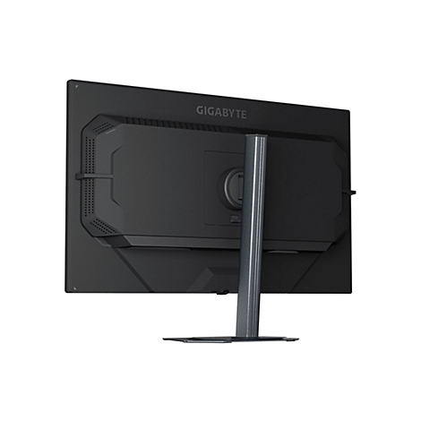 Rückseite eines schwarzen Gigabyte Monitors mit Standfuß auf weißem Hintergrund.