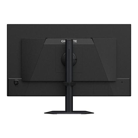 Rückseite eines schwarzen Gigabyte Gaming-Monitors auf einem Standfuß vor weißem Hintergrund.