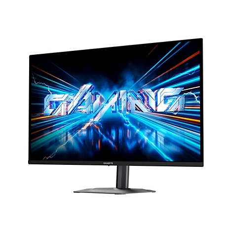 Gigabyte Gaming-Monitor mit schmalem Rahmen vor weißem Hintergrund, Display zeigt dynamische Lichteffekte und Schrift.