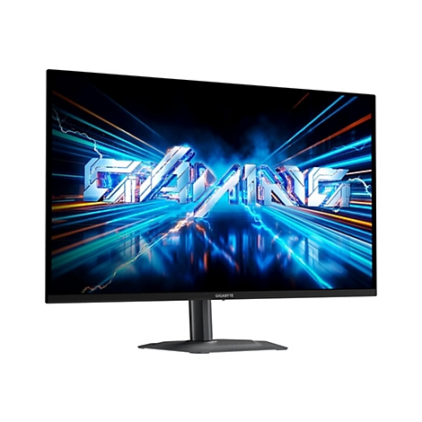 Schwarzer Gigabyte Gaming-Monitor mit leuchtender 'GAMING'-Grafik auf dem Display vor neutralem Hintergrund.