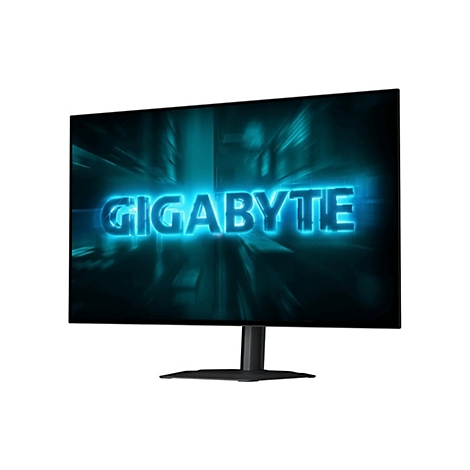 Gigabyte Gaming-Monitor mit leuchtend blauem Logo auf dem Display vor weißem Hintergrund.