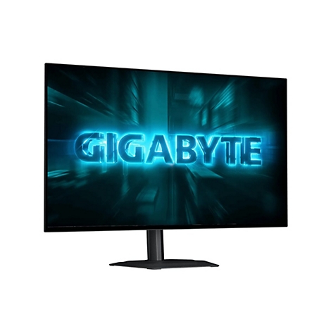 Gigabyte Monitor vor weißem Hintergrund mit leuchtendem blauem Schriftzug auf dem Display.