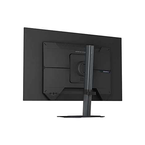 Rückansicht eines schwarzen Gigabyte Gaming-Monitors auf einem Standfuß vor weißem Hintergrund.