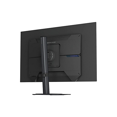 Rückseite eines schwarzen Gigabyte Gaming-Monitors mit Standfuß vor weißem Hintergrund.