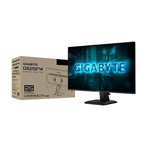 Ein schwarzer Gigabyte-Gaming-Monitor mit Karton daneben. Auf dem Bildschirm ist das Gigabyte-Logo zu sehen.