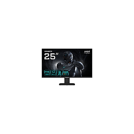 Schwarzer 25-Zoll-Monitor mit Branding, technischen Spezifikationen und einem Gaming-Hintergrundbild.