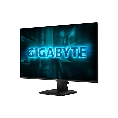 Schwarzer Monitor mit dem leuchtenden Schriftzug „GIGABYTE“ auf dem Bildschirm. Der Bildschirm steht auf einem schwarzen Fuß.