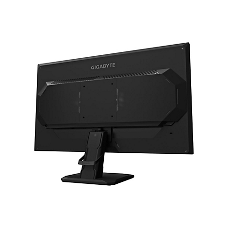 Rückseite eines schwarzen Gigabyte Gaming Monitors auf einem Standfuß vor weißem Hintergrund.