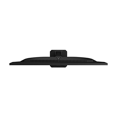 Draufsicht auf einen schwarzen Gaming-Monitor mit Lüftungsschlitzen und Markenlogo auf dem Standfuß.