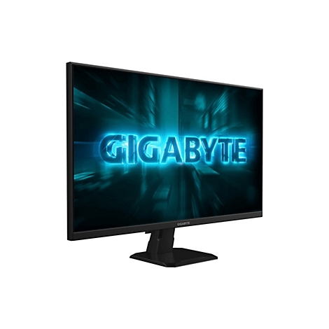 Ein schwarzer Gigabyte-Monitor, der auf einem Tisch steht. Das Firmenlogo leuchtet blau auf dem Bildschirm.
