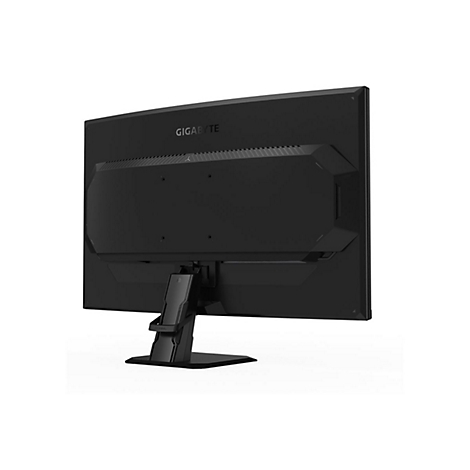 Schwarzer Monitor von hinten mit GIGABYTE-Schriftzug, montiert auf einem schwarzen Ständer.