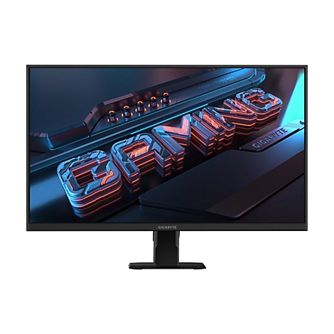 Schwarzer Gaming-Monitor mit leuchtenden "GAMING"-Schriftzug. Das Logo "GIGABYTE" ist sichtbar. Der Monitor steht auf einem schwarzen Fuß.