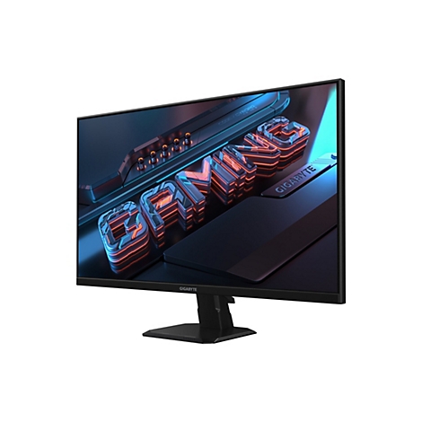 Ein Gaming Monitor von Gigabyte, mit neonfarbenen Buchstaben für Gaming vor einem dunklen Hintergrund.