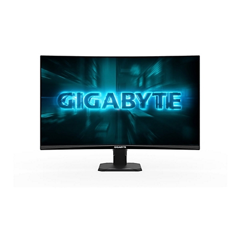 Gebogener Monitor mit dem Logo GIGABYTE auf dem Bildschirm. Schwarzer Standfuß und Rahmen, weißer Hintergrund.