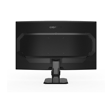 Rückansicht eines schwarzen Gigabyte Monitors mit Standfuß vor weißem Hintergrund.