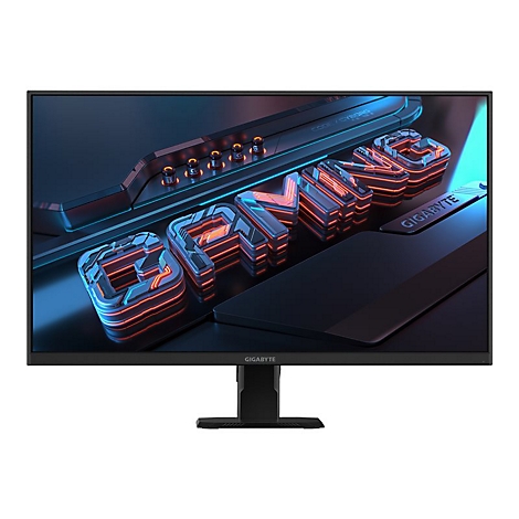 Schwarzer Gaming-Monitor mit blauem Hintergrund. Der Schriftzug "GAME" leuchtet rot-blau, darunter steht "GIGABYTE".