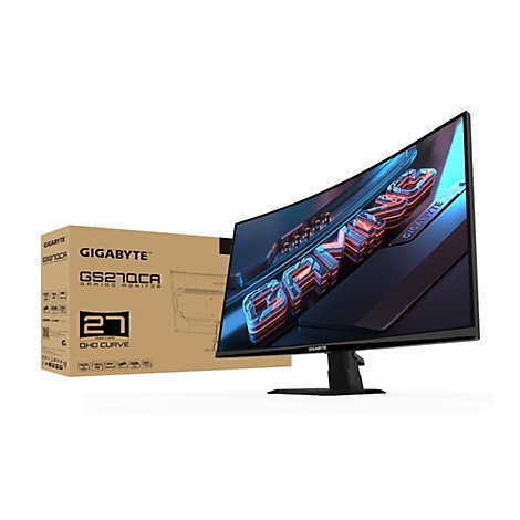 Gigabyte GS27QCA Gaming-Monitor mit Verpackung auf weißem Hintergrund.
