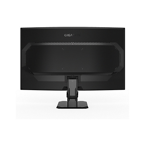 Rückansicht eines schwarzen Gigabyte-Monitors mit Standfuß auf weißem Hintergrund.