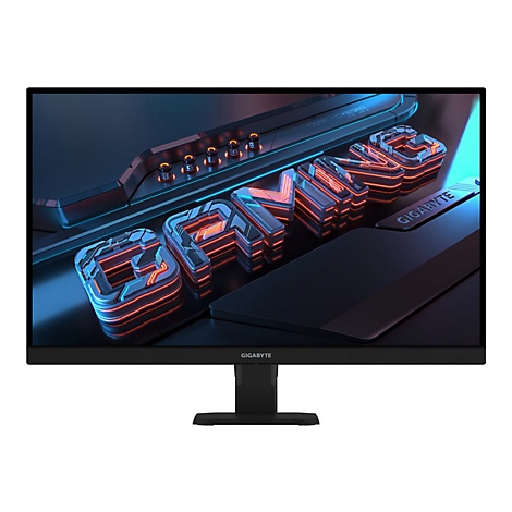 Schwarzer Gaming Monitor mit roter Beleuchtung. Auf dem Bildschirm ist das Wort "GAMING" sowie der Schriftzug "GIGABYTE" zu sehen.