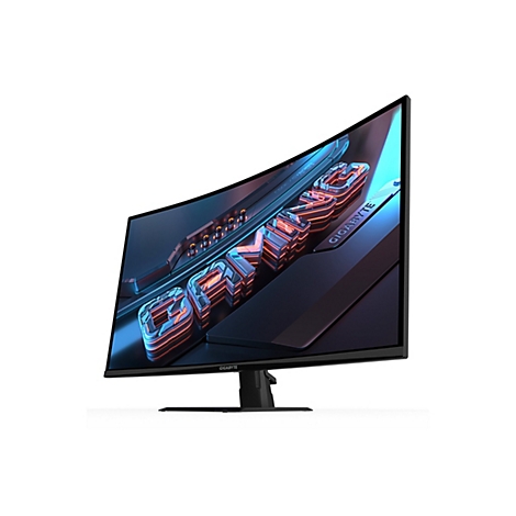 Gebogener Gaming-Monitor mit leuchtenden Buchstaben "GAMING" und GIGABYTE Logo. Schwarzer Ständer vor weißem Hintergrund.