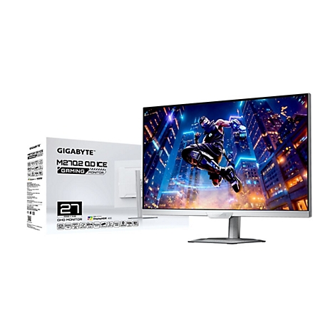 Gigabyte M27Q2 QD Ice Gaming-Monitor mit weißem Rahmen und Display-Inhalt vor der Produktverpackung.