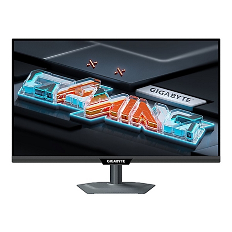 Ein Gaming-Monitor mit leuchtender Schriftzug, GIGABYTE Logo und schwarzem Hintergrund. Der Monitor steht auf einem grauen Standfuß.