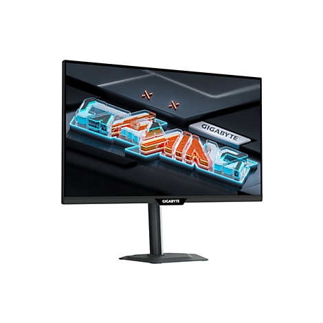 Ein Gigabyte-Gaming-Monitor mit blau-orangenen Logos auf einem dunklen Hintergrund. Der Monitor steht auf einem weißen Hintergrund.